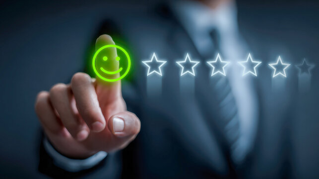 Businessman in suit pointing at a glowing green smiley face icon as part of a futuristic rating system with partially filled start ratings in a dark environment