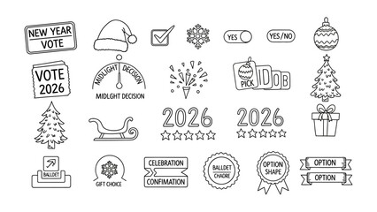New Year and Christmas Icons: A collection of festive and celebratory icons and symbols, perfect for designs related to new year, Christmas and voting theme. 