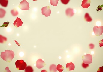 Obraz premium Graceful Falling Red and Pink Rose Petals with Sparkling Bokeh Light Frame