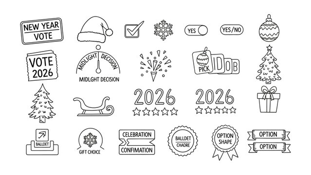 New Year and Christmas Icons: A collection of festive and celebratory icons and symbols, perfect for designs related to new year, Christmas and voting theme. 