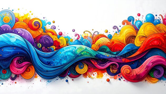 Vibrant, flowing abstract art with swirls, curls, and dots in a range of rainbow colors on a white background