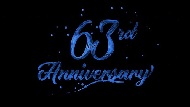 63rd anniversary text animation in blue metallic effect. suitable for celebrating special occasions, invitations, anniversary cards and social media. Includes alpha channel for any background.
