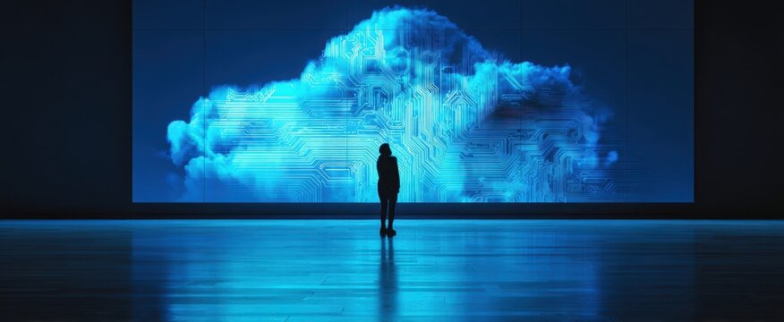 The Cloud Projection Behind a Silhouetted Figure in a Futuristic Tech Gallery