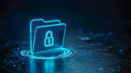Futuristic glowing digital folder with a lock icon symbolizing cybersecurity and data protection in a dark high-tech environment with blue neon effects
