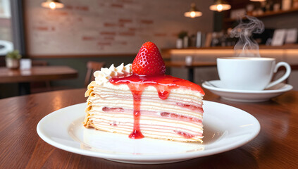 喫茶店で出されるイチゴのミルクレープ