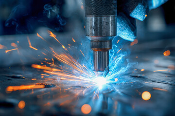 Industrial welding process creating bright sparks and blue molten metal with a close-up of protective gloves and welding tool in a workshop setting