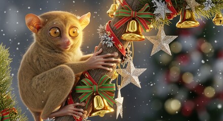 Hyperreal Philippine tarsier perched on a festive branch with bells, ribbons, and shimmering stars, glowing golden light, gentle snowfall, and clean holiday copyspace.