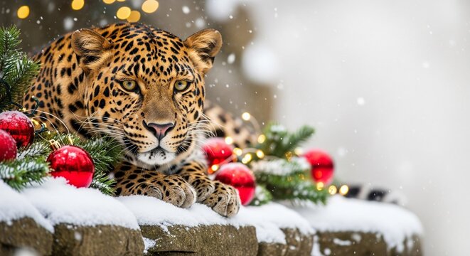 Hyperreal Sri Lankan leopard resting on a snowy ledge with glowing Christmas ornaments, warm fairy lights, and soft falling snow for premium holiday designs.