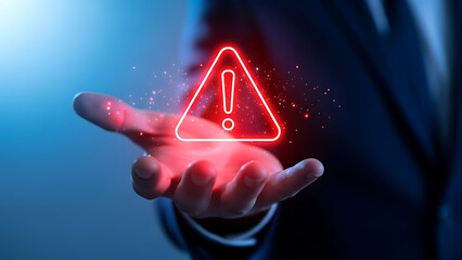 Businessman holding a glowing red warning sign with an exclamation mark in his hand, concept of alert or danger