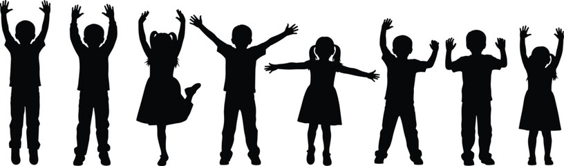 Silhouettes of Happy Children in Joyful Poses with Raised Arms on White Background Expressing Playfulness and Childhood Energy