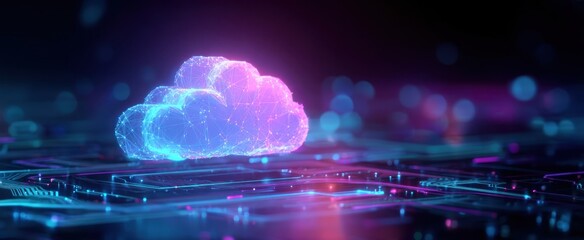 The Cloud of Neon Data Hovering Above a Futuristic Circuit Board Network
