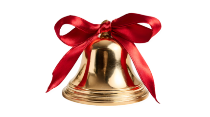 Shiny golden bell with red satin ribbon tied neatly isolated on white background
