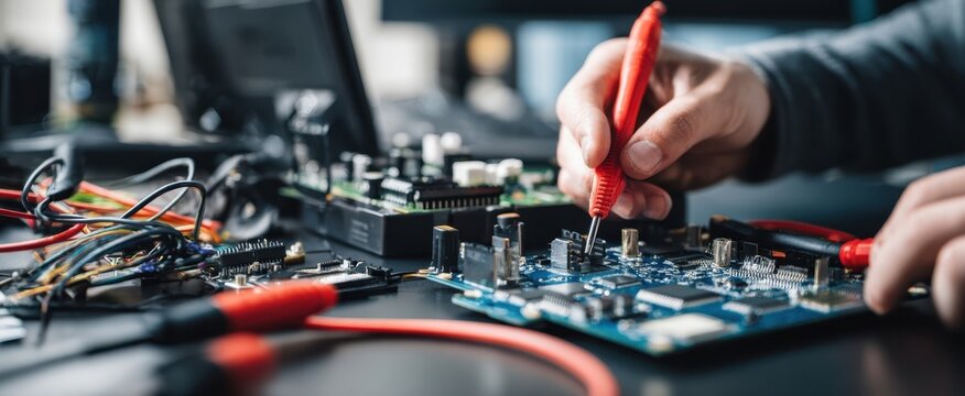 The Circuit Board Being Tested by Technician with Multimeter Probes on Workbench