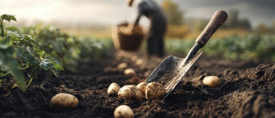 Obraz premium The Potatoes in the Field During Rustic Morning Harvest with Shovel and Farmer