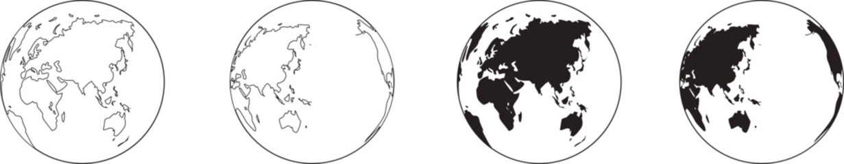 Minimal world map globe icons in outline and solid styles create a clean global symbol set. Versatile Earth illustrations work for geography, travel, and international themes. Perfect for modern brand