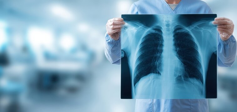The chest X-ray held by a doctor in a modern hospital radiology setting