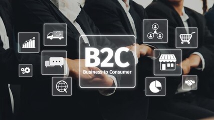 This image illustrates a business to consumer concept, showcasing a diverse team of professionals in an office with digital icons representing commerce, interaction, and strategy. Raster - Powered by Adobe