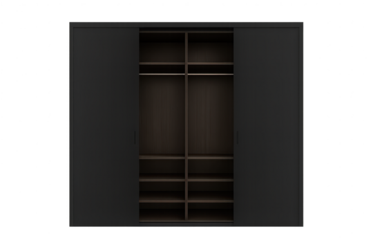 Modern black wardrobe with sliding doors isolated on transparent background