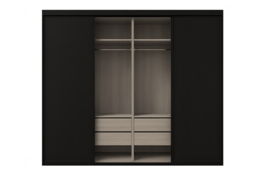 Modern black wardrobe with sliding doors isolated on transparent background.