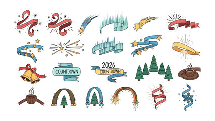 Festive Ornaments Set: A collection of decorative ribbons, twinkling stars, celestial elements, festive bells, and countdown banners evoke cheer and celebration, perfect for various design projects. 