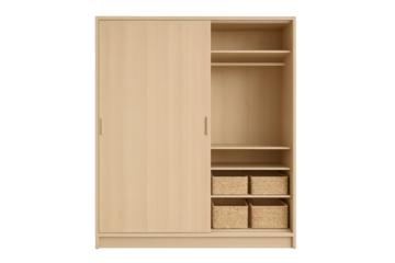 Modern sliding door wardrobe isolated on transparent background, light wood