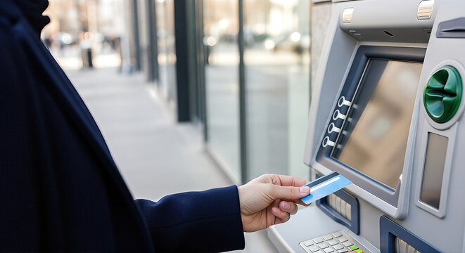 Woman using ATM machine outdoors, holding a blue bank card, with a modern urban environment in the background, illustrating financial transactions and technology