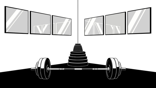Sleek monochrome vector design showcases gym interior with barbell and mirrors, perfect for fitness, health, or workout themed projects needing a modern, clean look