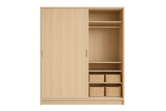 Modern sliding door wardrobe isolated on transparent background, light wood - Powered by Adobe