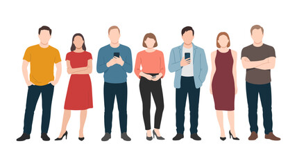 Obraz premium Diverse group of seven casually dressed men and women standing together holding smartphones, isolated on a white background, representing modern communication and connection.
