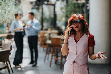 Fototapeta premium A stylish woman in a pink vest and pants talks on her phone at a sunlit outdoor cafe, with colleagues chatting in the blurred background, creating a lively business vibe.