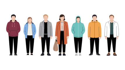 Diverse group of people standing in a line, showcasing a variety of casual and modern fashion styles and outfits for men and women, isolated illustration.