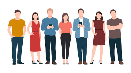 Obraz premium A diverse group of six casually dressed men and women standing together, each holding a smartphone, illustrating modern communication and digital connectivity in society.