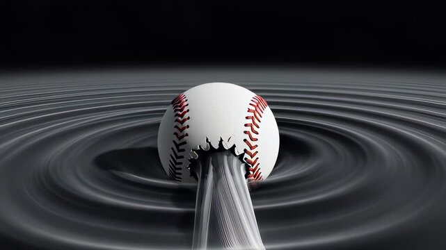 Surreal 3D animation of a baseball swing impact creating a spiral vortex trail in a dark void, symbolizing power and motion energy concepts.