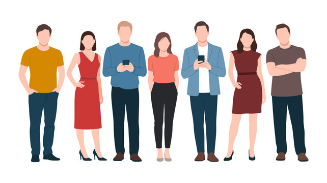 A diverse group of six casually dressed men and women standing together, each holding a smartphone, illustrating modern communication and digital connectivity in society.