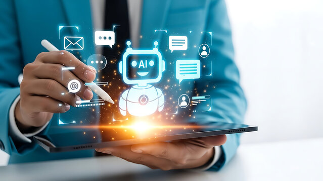 Businessman interacting with holographic artificial intelligence chatbot interface on a digital tablet for business automation and communication