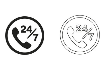 Two clear icons representing 24/7 customer support: a solid black symbol and a thin outline version, both featuring a phone and the text 24/7, suitable for service industries.