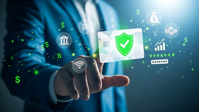 Businessman touching a digital shield icon representing cybersecurity, data protection, and secure online financial transaction safety