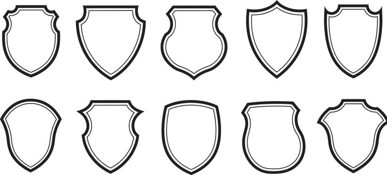 Outline shield shapes collection: diverse vector designs symbolizing protection, security, badges, and emblems Vector - Powered by Adobe