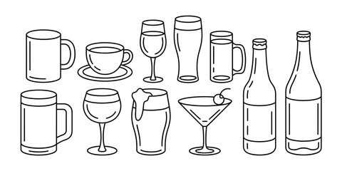Illustration of various drinkware including mugs glasses and bottles in line art