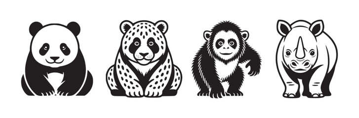 Four black and white animal illustrations including panda gorilla and rhino in a row on white background