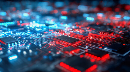 Illuminated electronic circuit board with glowing red and blue lights showcasing intricate connections and modern technology components in a futuristic design