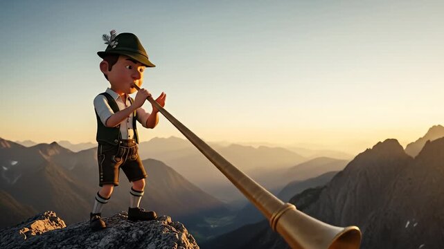 Cartoon character playing an alphorn in the mountains.