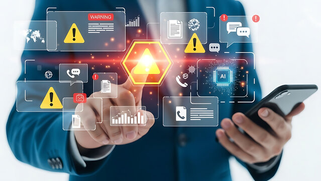 Businessman interacting with futuristic digital interface showing security alerts and data analysis on a mobile device