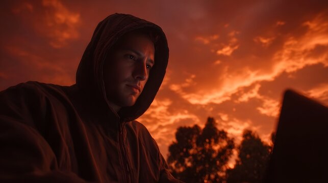 A person in a hooded sweatshirt works on a laptop against a dramatic red sunset sky - Powered by Adobe