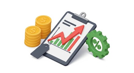 Financial growth chart with coins and gear isolated on white background isolated on transparent background