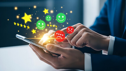 Customer giving feedback on mobile phone with star rating and emoji icons showing satisfaction and dissatisfaction level