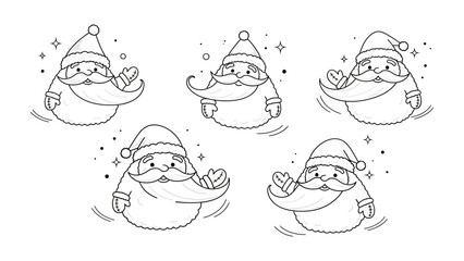 Holiday Cheer Line Art: Playful line art showcases five jovial figures, each a delightful Santa Claus in a festive gesture, perfect for spreading holiday cheer. 