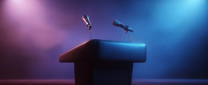 The Podium with Two Microphones Bathed in Blue and Purple Stage Lighting