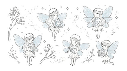 Whimsical Faeries: A collection of cute, hand-drawn faeries with delicate wings, enchanting the scene with their charm and elegance.