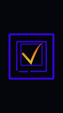 Orange Check Mark Inside Nested Blue Squares on a Dark Background tick symbol. Futuristic orange tick symbol with blue squares rotates dynamically in engaging mobile video.